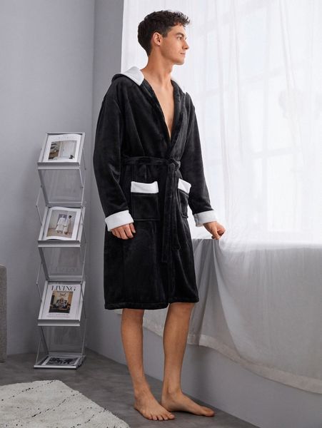 

men contrast trim hooded belted flannel robe y383#, Black;brown