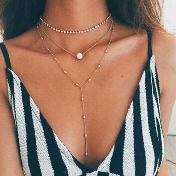 

pendant necklaces vkme 2021 multi layer beads choker for women fashion vintage collier long crystal necklace, Silver