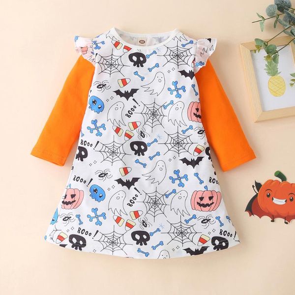 

18months-6years girls halloween long sleeve printed cartoon autumn dress color pumpkin print princess cute girl's dresses, Red;yellow