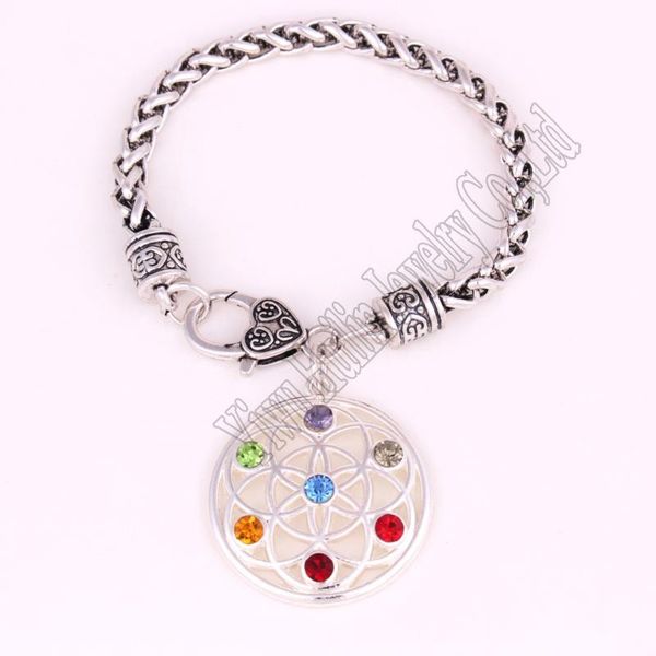 

drop 24cm length flower of life seven chakra symbol charm religious pendant buddhist bracelet link, chain, Black