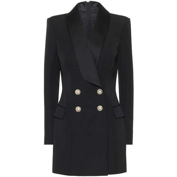 Uzun Blazer DR2021 Bahar Yeni Siyah Beyaz Ceket Klasik Kruvaze Geri Zippe Saten Şal Yaka Kadın Blazer Suit Elbise X0721