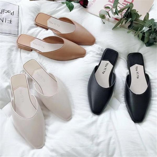 

slippers women's shoes south korea's retro low-heeled baotou semi-slippers lazy pointed mules with flip-flops, Black
