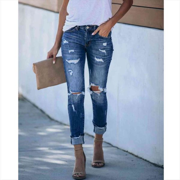 

spring low waist distressed cotton womens jean denim slim skinny pencil pants mujer trousers streetwear ripped, Blue