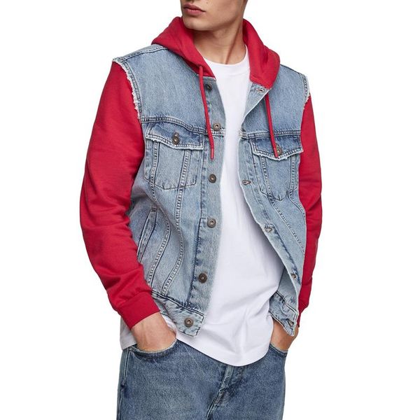 

men's hoodies & sweatshirts cut and sew fabric block streetwear jacket jean denim hoodie for men, Black