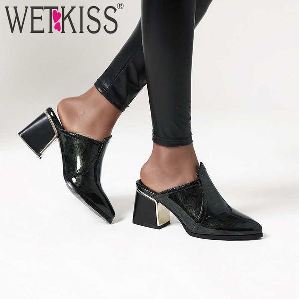 

wetkiss slippers women shoes mules thick high heels shoes woman summer pointed toe slides patent ladies mules big size 210630, Black