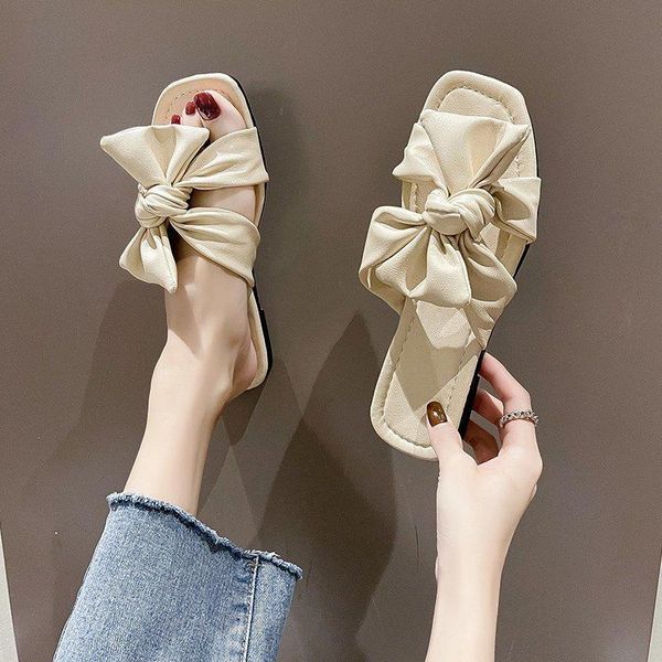 

slippers 2021 brand summer women shoes square big bow slides mules sweet female open toe orange white mujer vacation, Black