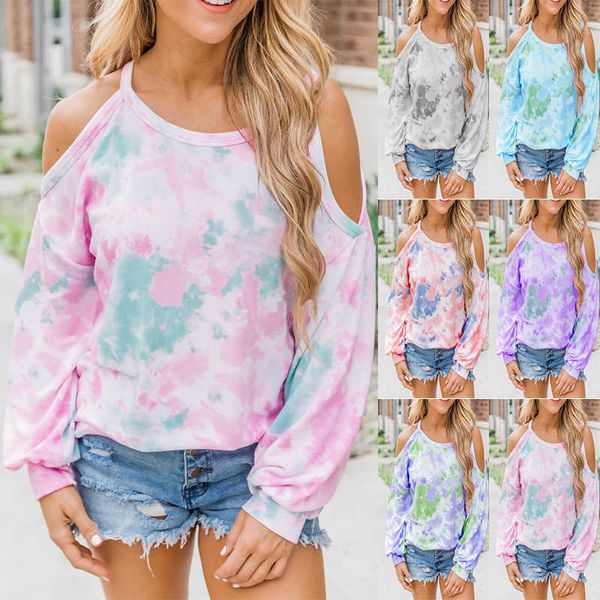 

and winter autumn women's tie dye printed long sleeve off shoulder t-shirt, White