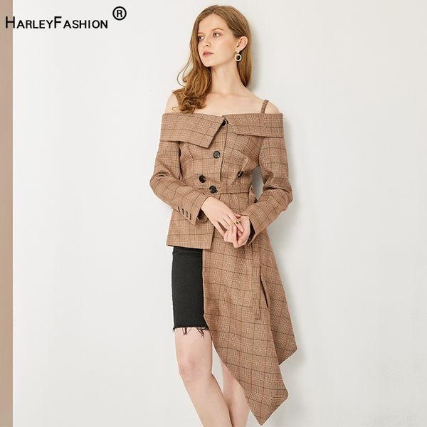 

stunning unique designing high street women's elegant off the shoulder plaid printing asymmetrical slim blazer 210330, White;black