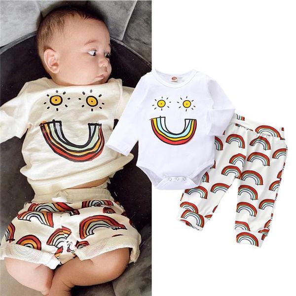 

clothing sets 0-24m born kid baby boy girl clothes set long sleeve rainbow print bodysuit pant suit cute sweet cotton bron outfit, White