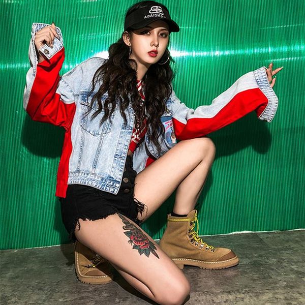 

women's jackets brand patchwork women 100% cotton short denim jacket with collar girl boyfriend pocket spliced chic style by187, Black;brown