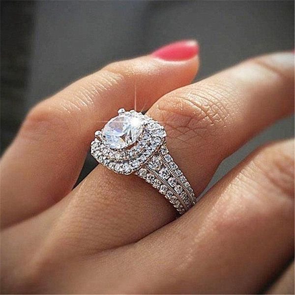 

wedding rings round cut 4-prong setting women ring band white gold filled crystal inlaid fashion gift, Slivery;golden