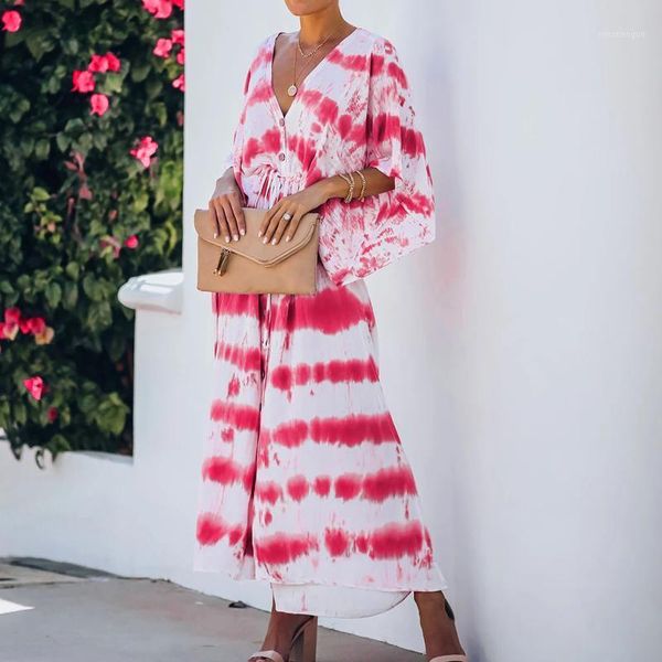 

summer v neck long sleeve dress tie-dye wave print dresses loose causal bohemia vintage vetement femme 2021 casual, Black;gray