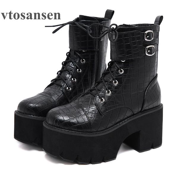 

boots 2021 autumn arrivals womens shoes winter chunky high heel female ankle lace-up gothic ladies with buckles, Black