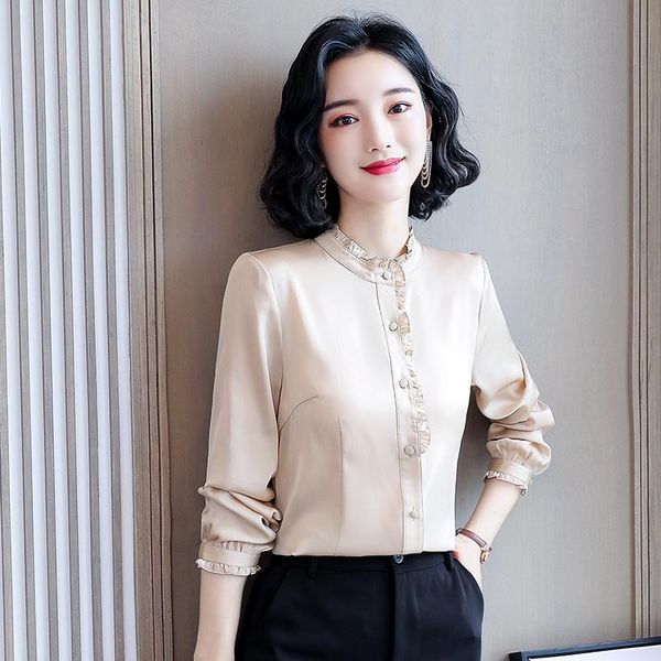 

korean fashion silk women blouses satin long sleeve shirt and blouse office lady shirts plus size xxxl autumn womens women's &, White