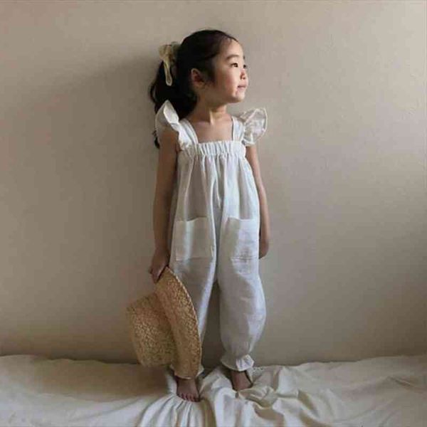 

kids clothes linen girls overalls white jumpsuits spring summer, Blue