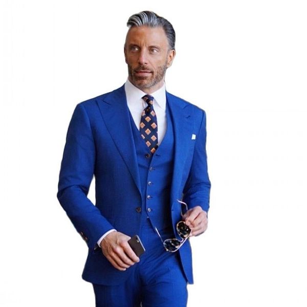 Slim Uyar Kraliyet Mavi Damat Smokin Erkekler İş Busienss Takım Elbise Çentik Yaka 3 Parça Ceket Pantolon Yelek Setleri (Ceket + Pantolon + Yelek + Kravat) W1137