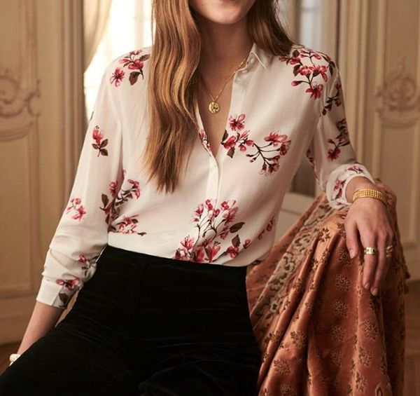 

begonia flower silk lapel long sleeve print shirt women's blouses & shirts, White