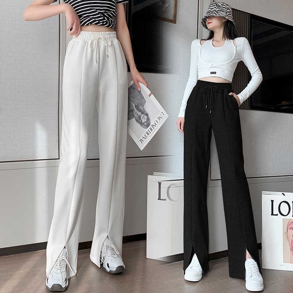 

women's pants & capris white moped casual pants women's summer high-waisted thin feeling straight open fork wide leg 2cm6, Black;white