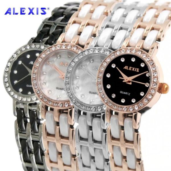 

wristwatches alexis women fashion analog quartz round watch japan pc21j movement rose gold with shiny metal band white dial water resistant, Slivery;brown