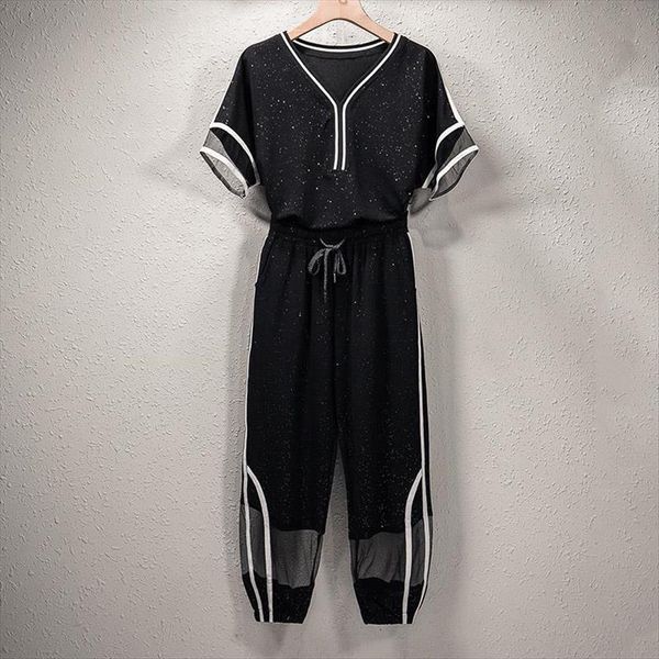 

single two piece summer large womens tracksuits size dress girls casual fashion loose slimming mesh stitching set, Gray