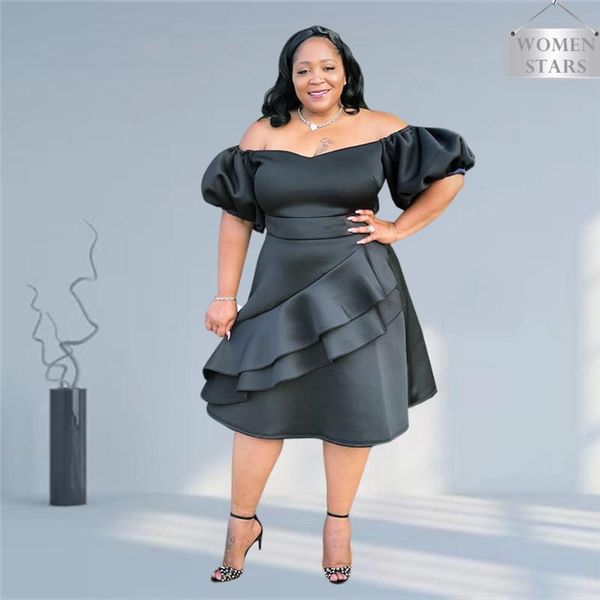 

plus size dresses party women solid off shoulder stretch short sleeve elegant birthday midi dress wholesale drop, Black