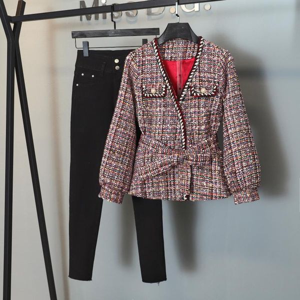 

women's two piece pants 2021 autumn women v neck tweed jacket coat + black pencil female fashion suits 2 sets ms 9.09, White