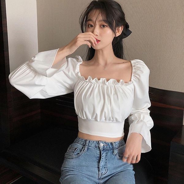 

women's blouses & shirts back lace up women chiffon blouse korean short style casual solid color bandage navel exposed puff long sleeve, White