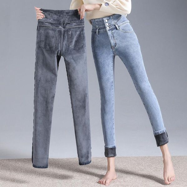 

women's jeans winter women high waist thicken fleece denim skinny pencil pants slim fit feet stretch trousers female, Blue