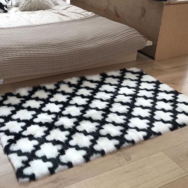 

furry rug faux carpet not wool black white clover tapete pelud rectangle fluffy mat animal for living room bedroom carpets