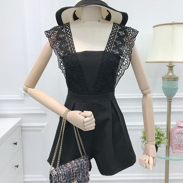 

women's jumpsuits & rompers women summer lace shoulder straps hollow out playsuits slim loose wide leg pants female fashion high waist, Black;white