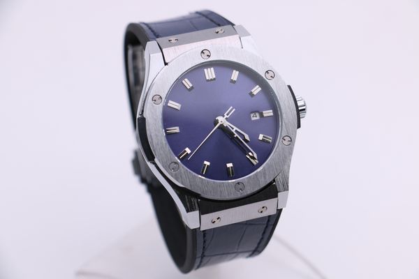 

men's mechanical watch business fashion modern silver stainless steel case rubber strap 3 needle calendar blue surface 43mm, Slivery;brown