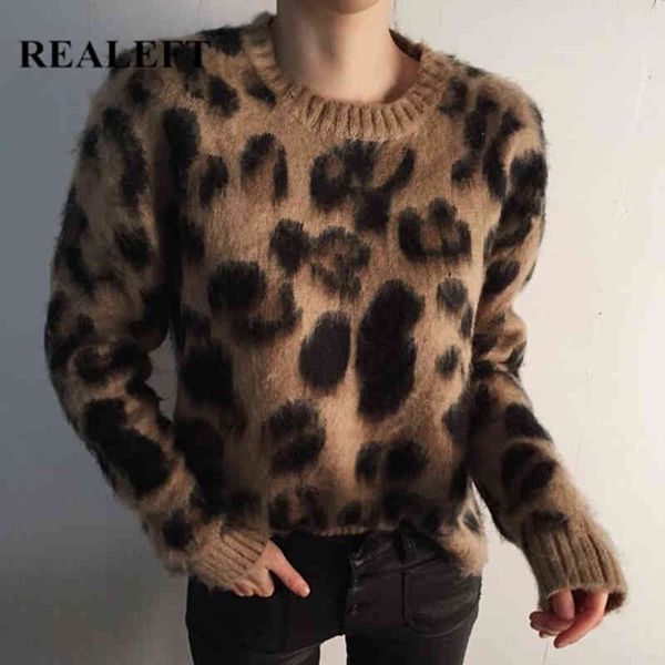 

autumn winter vintage leopard oversize women's sweaters long sleeve stylish o-neck loose pullover sweater 210428, White;black