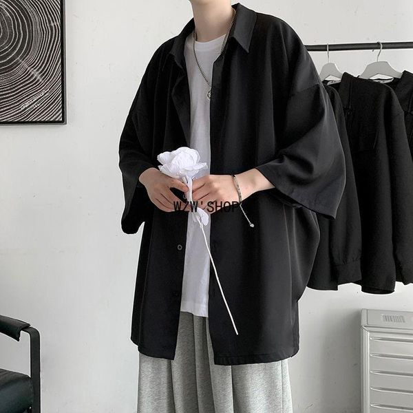 

men's casual shirts oversizes men solid color male loose harajuku women clothes three quarter sleeve fashion, White;black