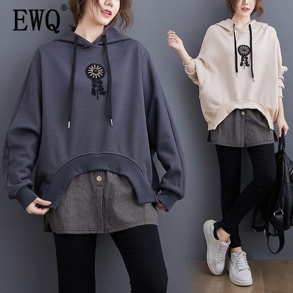 

women's hoodies & sweatshirts [ewq] pullover sweatshirt women patchwork fake two loose wild plaid high street full sleeve hooded 2021 s, Black