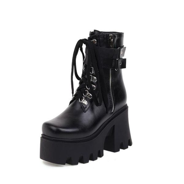 

boots european and american lace-up solid color viscose shoes round toe low back riding motorcycle trendy punk, Black