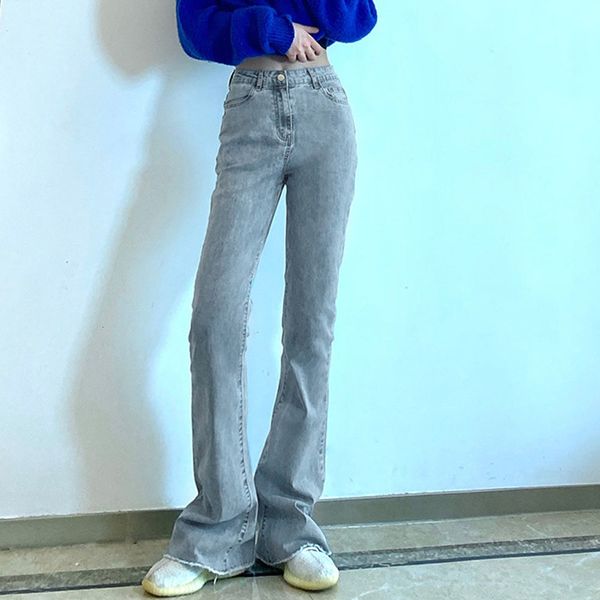 

jean pure cotton high waist flared jeans women 2021 spring solid color slim slimming casual denim pants trousers lady streetwear, Blue
