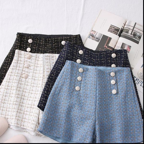 

women shorts high waist tweed casual loose ladies fashion spring autumn slim button all match, White;black