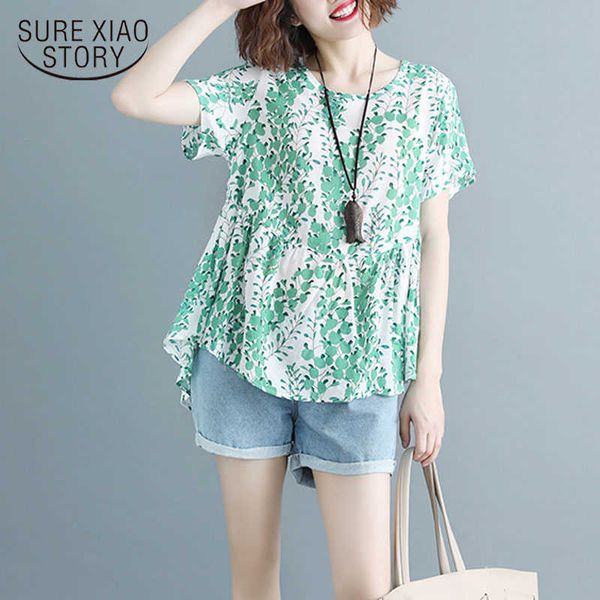 

summer fashion women's clothing loose cotton and linen women shirts short sleeve womens and blouses print blusas 2092 50 210528, White