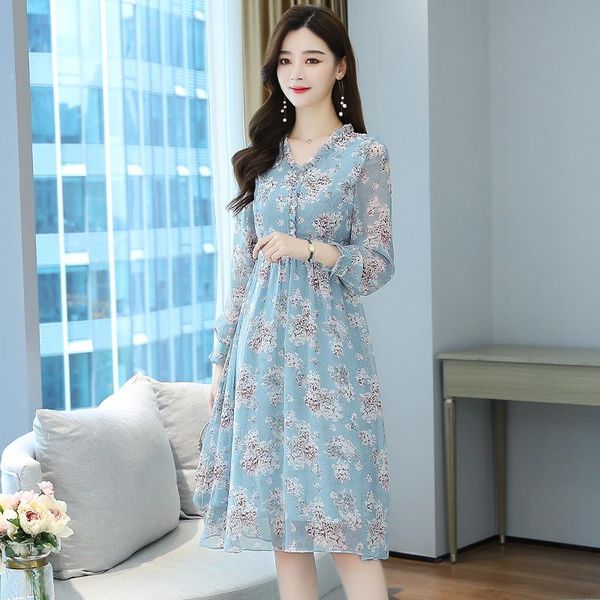 

casual dresses women fairy chiffon dress spring slimming waist girls elegant floral printed holiday 2021 summer female, Black;gray
