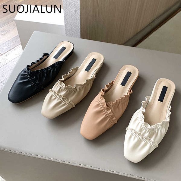 

suojialun women mules shoes fashion ruffle flat heel slipper ladies casual slip on round toe slides outdoor home shoes 210630, Black