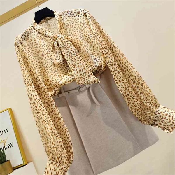 

spring women's blouse korean style bow tie leopard print bright silk lantern sleeve casual loose female 210507, White