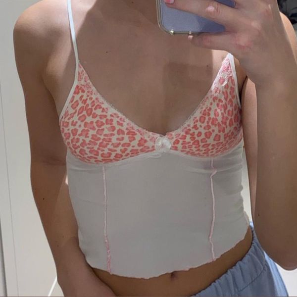 

women's tanks & camis pink leopard print bow sleeveless white lace ptachwork cute crop tee club 90s vest cami cuteandpsycho