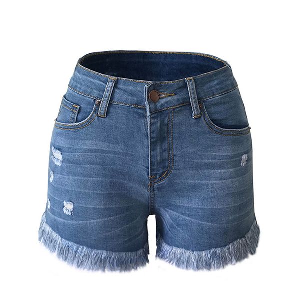 

women jeans shorts summer mid waist ripped raw cut hem washed distressed stretchy slim denim pants, Blue