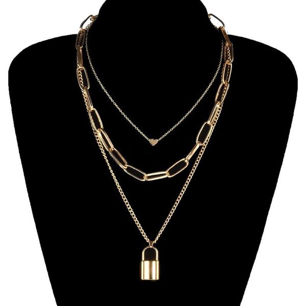 

chains lock necklace woman multilayer necklaces girl chain pendant girls jewelry gold color vintage kpop metal collares, Silver