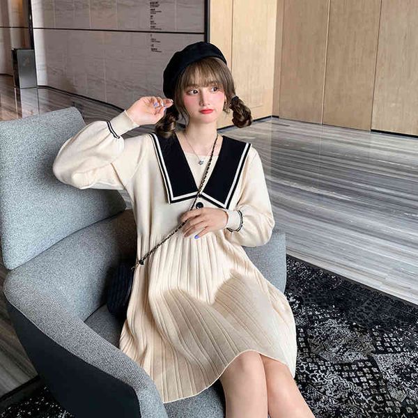

jxmyy autumn college style knitted dress women loose waist was thinner mid-length long-sleeved pleated skirt tide 210412, Black;gray