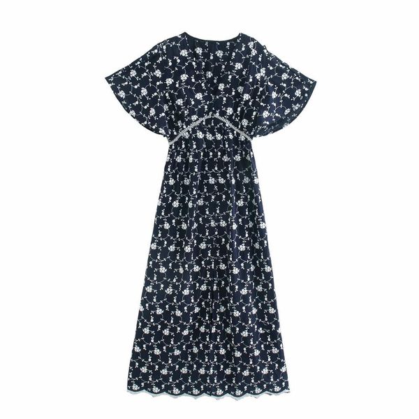 

summer women dress embroidery navy blue floral print v-neck short sleeve mid-calf dresses female casual fashion clothes 210517, Black;gray