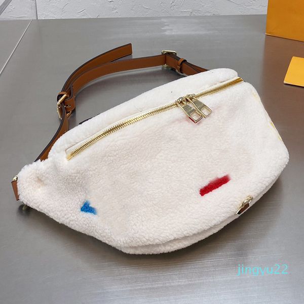 

large-capacity classic version crossbody bag soft white black plush waist bags winter and fall beautiful letter handbag style pocket