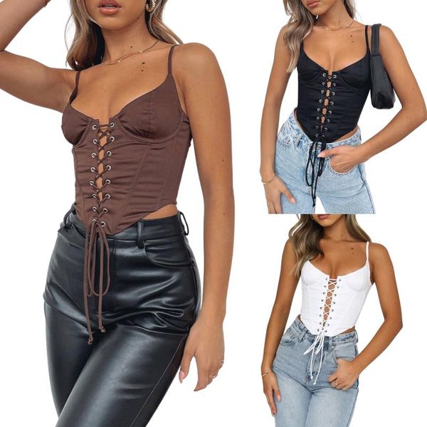 

women's tanks & camis 2021 women close-fitting camisole with bandage design vest solid color deep v-neck cross lace black/ white/ brown