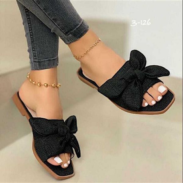 

slippers women summer butterfly-knot shoes pantofle slides 2021 flat basic pu rubber fretwork fabric, Black