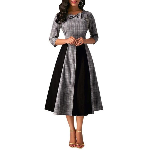 

woman dress 2021 spring casual slim bowknot high waist patchwork plaid ball gown dresses women vintage long party, Black;gray